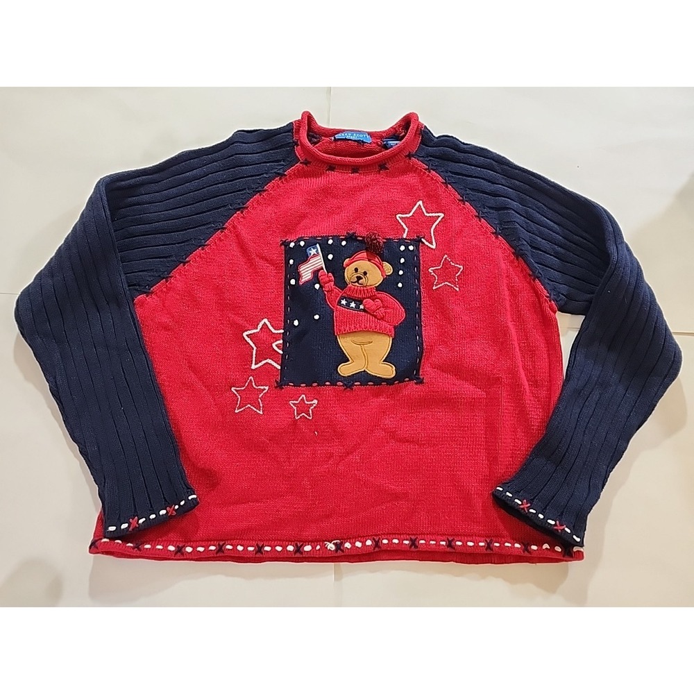 Karen Scott Sport XL Red White Blue Sweater USA Flag July 4th‎ Bear Cotton